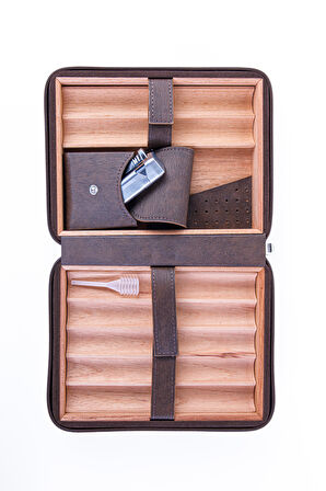 Cohiba XL Koyu Kahverengi Dahili Çakmak Deri Puro Taşıma Çantası & Seyahat Humidoru