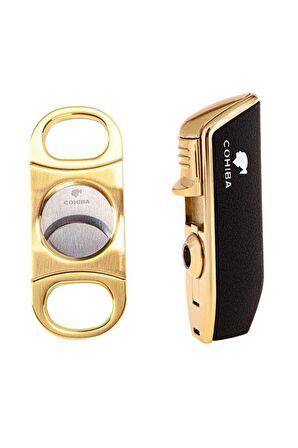 Cohiba 3 Torch Pürmüz Siyah Çakmak ve Gold Kesici Seti