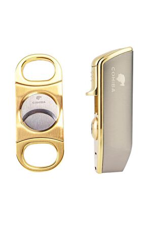 Cohiba 3 Torch Pürmüz Gunmetal Çakmak ve Gold Kesici Seti