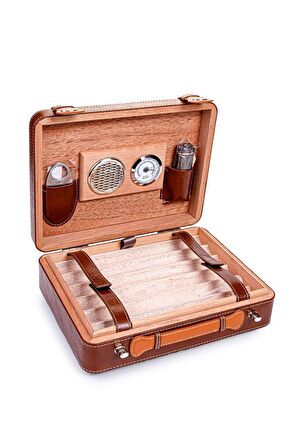 PQ Çakmak Kesicili XXL Kahverengi-Siyah Kilit Mekanizmalı Deri Puro Taşıma Çantası