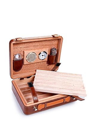 PQ Çakmak Kesicili XXL Kahverengi-Siyah Kilit Mekanizmalı Deri Puro Taşıma Çantası