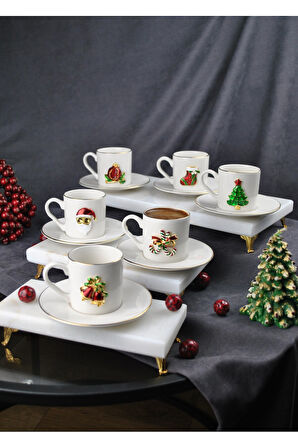 6 Kişilik Yılbaşı Dekorlu Porselen Kahve Fincan Takımı 90 ml Yeni Yıl Noel 12 Parça