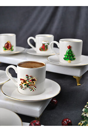 6 Kişilik Yılbaşı Dekorlu Porselen Kahve Fincan Takımı 90 ml Yeni Yıl Noel 12 Parça