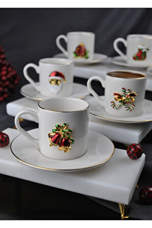 6 Kişilik Yılbaşı Dekorlu Porselen Kahve Fincan Takımı 90 ml Yeni Yıl Noel 12 Parça