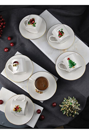 6 Kişilik Yılbaşı Dekorlu Porselen Kahve Fincan Takımı 90 ml Yeni Yıl Noel 12 Parça