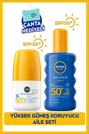 NIVEA SUN Çocuklar İçin Güneş Koruyucu Roll-on 50ml ve Koruma Nem Vücut Spreyi 200ml, SPF50, Çanta Hediye