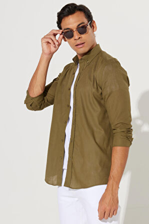 Erkek K.haki Tailored Slim Fit Oxford Düğmeli Yaka Keten Görünümlü %100 Pamuk Flamlı Gömlek