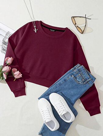 Kadın Basic Crop İçi Polarlı Oversize Sweatshirt - BORDO