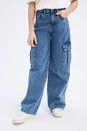 Kız Çocuk Wide Leg Kargo Geniş Bol Paça Pamuklu Jean Pantolon
