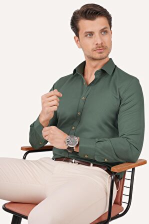 Kaktüs Yeşili Kahve Düğmeli Slimfit Gömlek