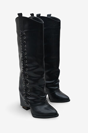 Kadın Bağcık Detaylı Sivri Burun Günlük Çizme Holdes Siyah