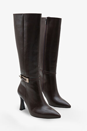 Kadın Tokalı Yandan Fermuarlı Topuklu Sivri Burun Günlük Çizme Kilves Kahve