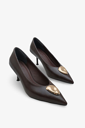 Kadın Sivri Burun Gold Tokalı Günlük Topuklu Stiletto Peris Kahve