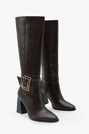 Kadın sivri Burun Yandan Fermuarlı Gold Kemer Tokalı Topuklu Çizme Slord Kahve