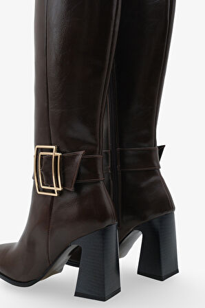 Kadın sivri Burun Yandan Fermuarlı Gold Kemer Tokalı Topuklu Çizme Slord Kahve