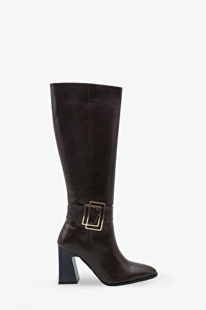 Kadın sivri Burun Yandan Fermuarlı Gold Kemer Tokalı Topuklu Çizme Slord Kahve