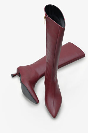Kadın Sivri Burun Yandan Fermuarlı Topuklu Günlük Çizme Zery Bordo 