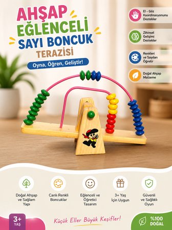 BakGelAl Ahşap Boncuklu Terazi Oyuncağı Montessori Eğitici Oyuncak Sayı Sayma 3+ Yaş