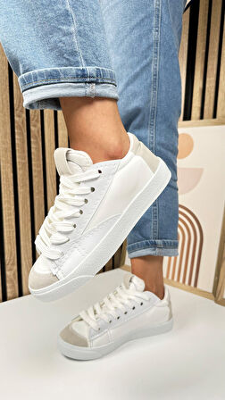 Günlük Kadın Sneaker Bağcıklı Tırtıklı Taban Süet Detaylı Yürüyüş Spor Ayakkabı 07