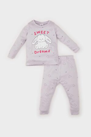 DeFacto Kız Bebek Pijama Takımı Tavşan Baskılı Uzun Kollu Üst Beli Lastikli Uzun Alt D7163A524WNPR305