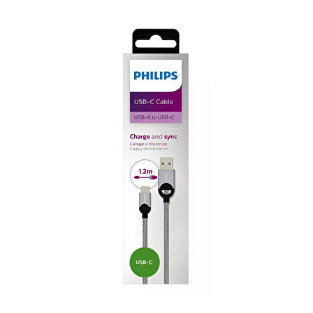 Philips 2023GR3A 5A 100W UsbA to Type-C Örgülü 1.2 Metre Hızlı Şarj ve Data Kablosu Gri