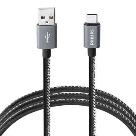 Philips 3A 60W UsbA to Type-C Deri Kaplama Hızlı Şarj ve Data Kablosu 1.2m Siyah 2023DR3A2528B