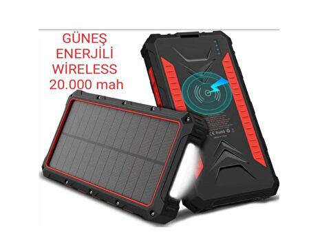 Güneş Enerjili Wireless Özellikli 20000 mAh  Solar Powerbank - 2+1 Çıkışlı