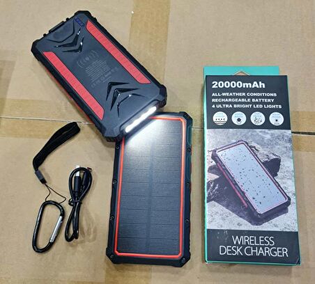 Güneş Enerjili Wireless Özellikli 20000 mAh  Solar Powerbank - 2+1 Çıkışlı