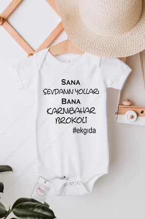 Sana Sevdanın Yolları Bana Karnabahar Brokoli Baskılı Bebek Body Zıbın
