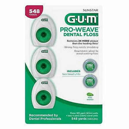 GUM Pro-Weave Dokuma Diş İpi, Parçalamaya Dayanıklı Diş İpi, Nane Aromalı, 3 Numara + 2 Seyahat Ünitesi