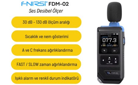 FNIRSI FDM-02 Renkli Göstergeli Desibel Ölçer | Sıcaklık ve Nem Göstergeli