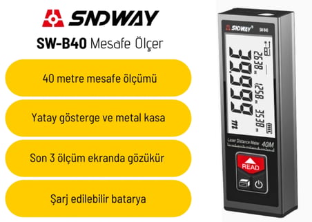 SNDWAY SW-B40 Geniş Yatay Göstergeli Metal Lazermetre | 40 Metre | Şarj Edilebilir