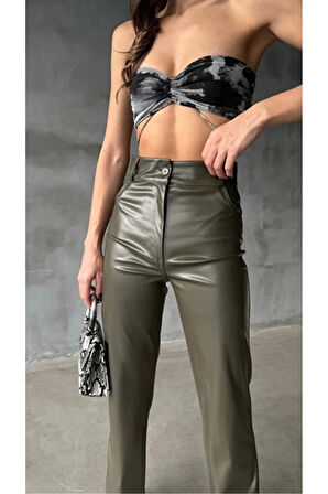 Yeşil Suni Deri Kadın Pantolon