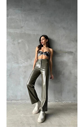 Yeşil Suni Deri Kadın Pantolon