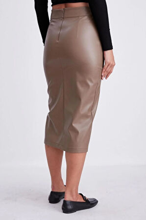 Vizon Suni Deri Önden Yırtmaçlı Midi Etek