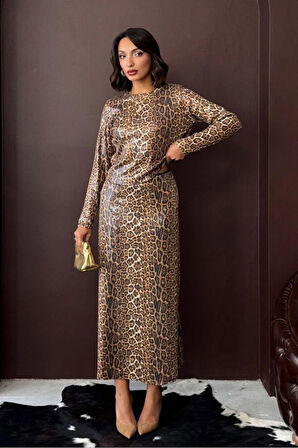 Leopar Desenli Pullu Gece Gündüz Şıklığı Kadın Uzun Etek