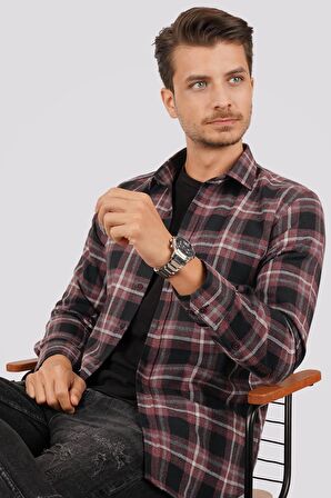 Bordo Beyaz Çizgili Slimfit Oduncu Gömlek