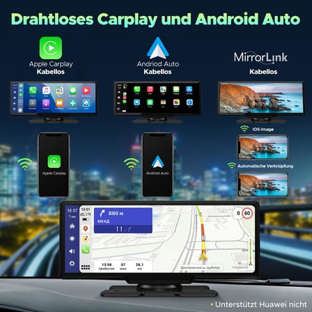 Apple Carplay ve Android Auto, 2K Ön Dashcam'li Araba Stereo, Bluetooth 5.0/GPS/FM/AUX/Mirror Link/64G TF Card ile Taşınabilir Carplay 9.26 İnç Full HD Dokunmatik Ekran Monitör