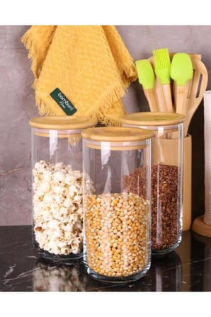 Duo 1300ml 3'lü Saklama Kabı-bambu Kapaklı Cam Baharatlık