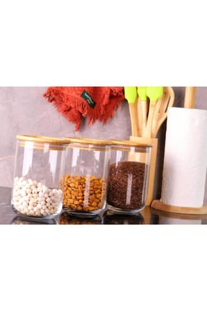 Duo 900ml 3'lü Saklama Kabı-bambu Kapaklı Cam Baharatlık
