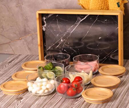 Bambum Duo 300ml 6'lı Siyah Tepsili Bambu Kapaklı Cam Kahvaltılık