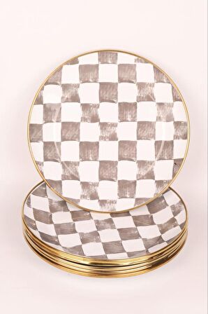 Bambum Damas Emaye Yemek - Servis - Pasta  Tabağı Yuvarlak 21 cm - 6'lı Set