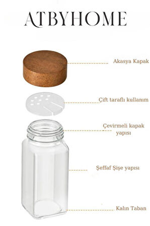 Akasya Kapaklı 12 Adet Cam Baharatlık Seti 120 ml