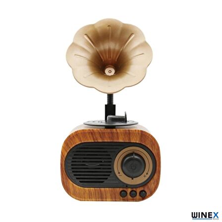 Winex Wireless Nostalji Gramafon Speaker Fm Radyo+Sd Kart+UsbA+3.5mm Aux Girişli