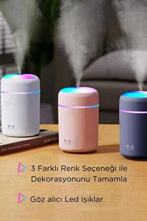 H2O Humidifier 300Ml Ulrasonik USB'li Hava Nemlendirici Led Işıklı Buhar Makinesi ve Aroma Difüzörü