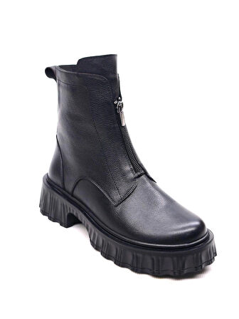 Kadın Hakiki Gerçek Deri Önden Fermuarlı Kauçuk Kaymaz Taban Siyah Bot