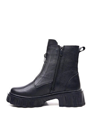 Kadın Hakiki Gerçek Deri Önden Fermuarlı Kauçuk Kaymaz Taban Siyah Bot