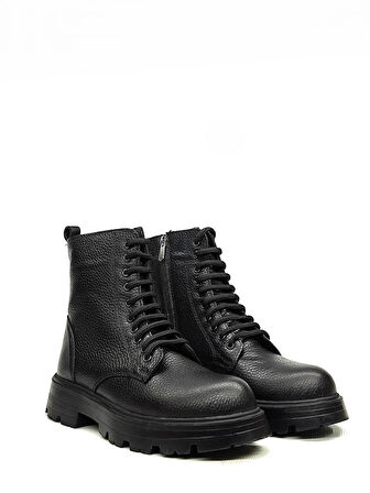 Kadın Gerçek Hakiki Deri Fermuarlı Bağcıklı Siyah Kısa Bot