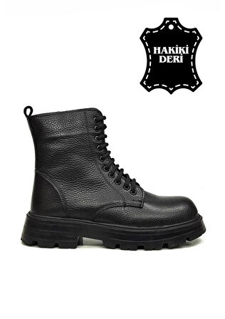 Kadın Gerçek Hakiki Deri Fermuarlı Bağcıklı Siyah Kısa Bot