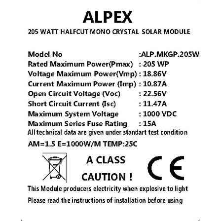 205 W HALF CUT MONOKRİSTAL GÜNEŞ PANELİ